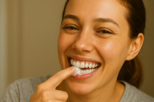 Frau lächelt und trägt Zahnpasta auf ihre Zähne auf, Pflege für gesundes Zahnfleisch und strahlendes Lächeln.